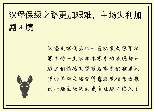 汉堡保级之路更加艰难，主场失利加剧困境