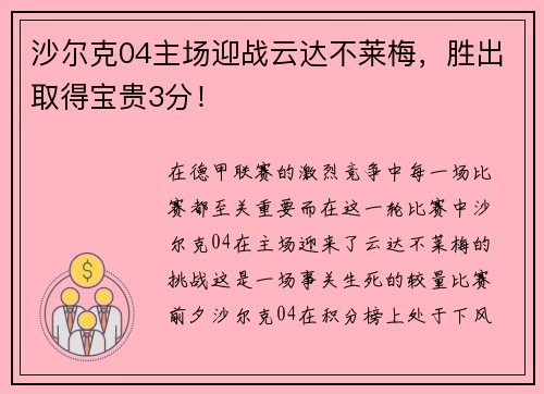 沙尔克04主场迎战云达不莱梅，胜出取得宝贵3分！