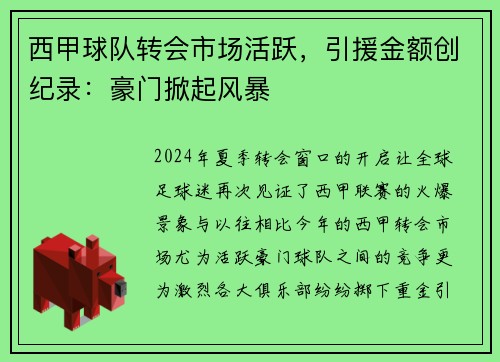 西甲球队转会市场活跃，引援金额创纪录：豪门掀起风暴